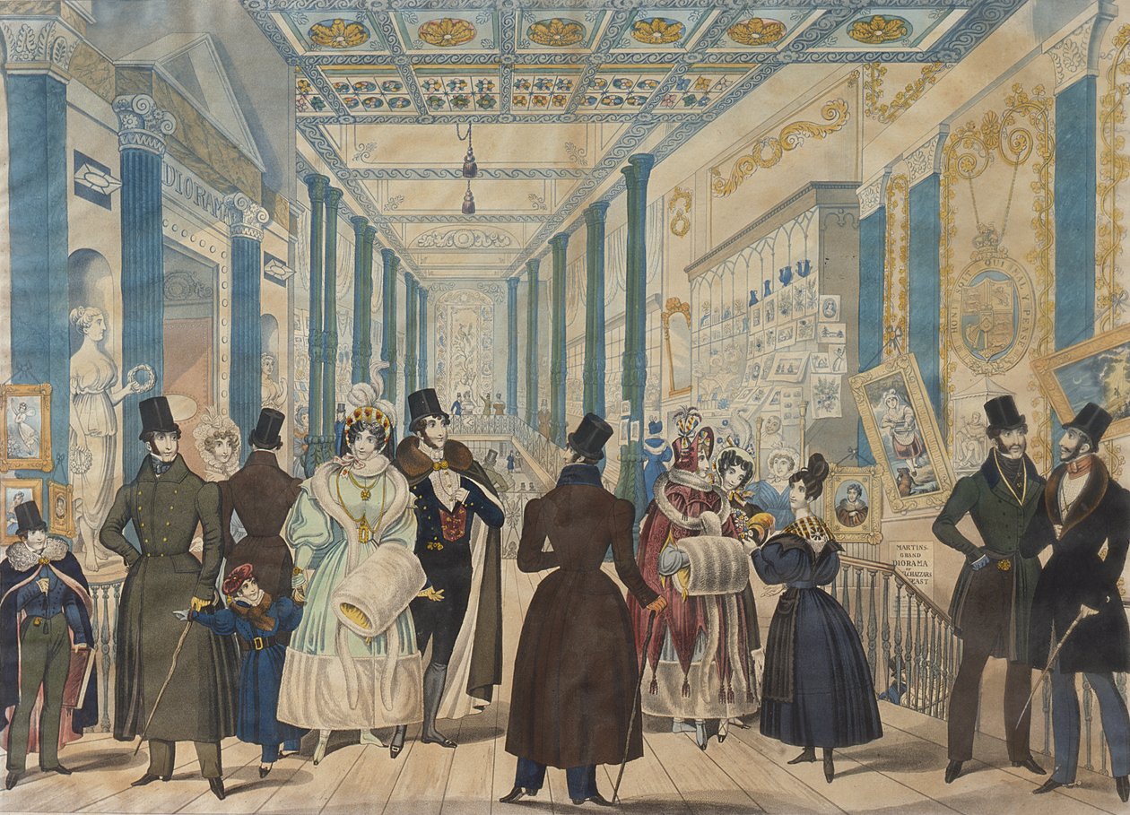 View in the Queens Bazaar, London - Winter Fashions od listopada 1833 do kwietnia 1834, opublikowane przez B.Read & Co., 1833 (akwatinta na papierze) autorstwa English School
