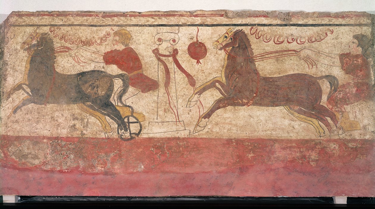 Wyścigi rydwanów, fragment grobowca, 330-320 p.n.e. autorstwa Etruscan