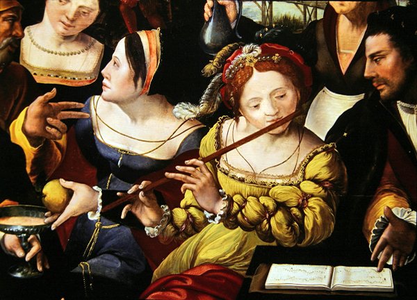 Scena Galante u bram Paryża, fragment flecisty (detal z 216104) autorstwa Flemish School