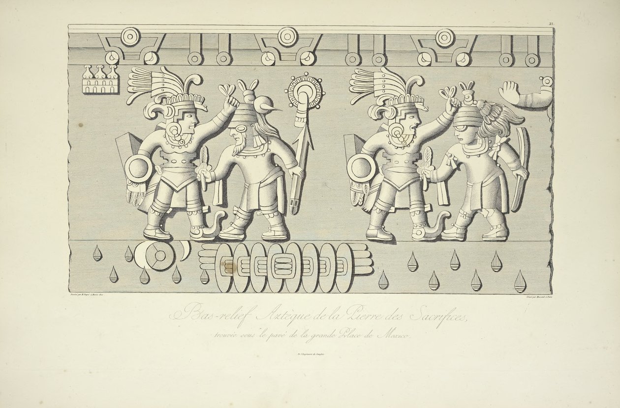 Kamienna płaskorzeźba ofiar z Azteków, ilustracja z Views of the Cordilleras and Monuments of the Native Peoples of America autorstwa Alexandra von Humboldta i Aime Bonpland, 1813 autorstwa French School