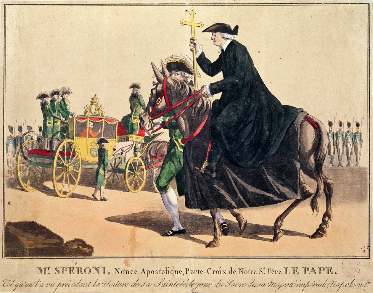 Monsignor Speroni niosący papieski krzyż poprzedza papieża Piusa VII w drodze do katedry Notre-Dame w Paryżu na koronację cesarza Napoleona i cesarzowej Józefiny 3 listopada 1804 r. (kolor autorstwa French School