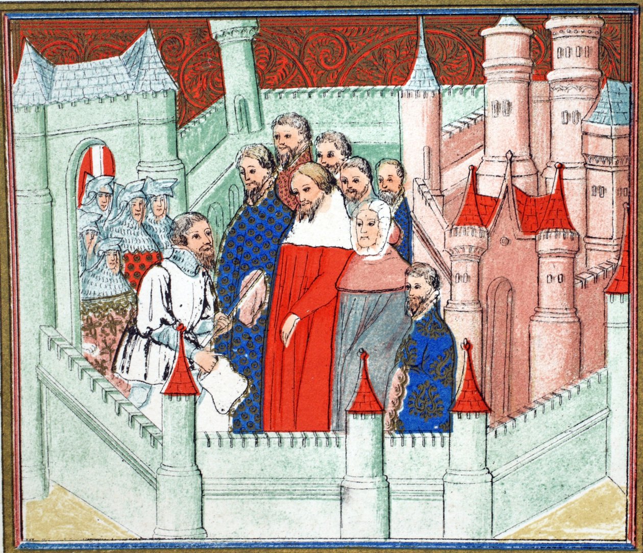Ryszard II w zamku Flint, gdzie został przeniesiony do Bolingbroke, jego rywala do tronu, faksymile z Le Prinse et Mort du Roy Richart Jeana Cretona, przedruk XIX w. (kolor autorstwa French School