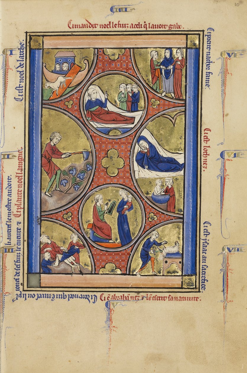 Sceny z żywotów Noego i Abrahama, ok. 1250-60 (tempera, złoty płatek i atrament na pergaminie) autorstwa French School