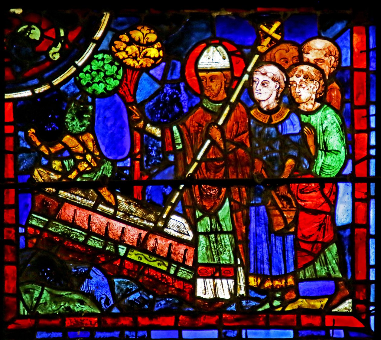 Šv. Martynas, išvarantis demoną iš tariamo kankinio kapo, scena iš Šv. Martyno gyvenimo, Chartres Cathedral poli autorstwa French School