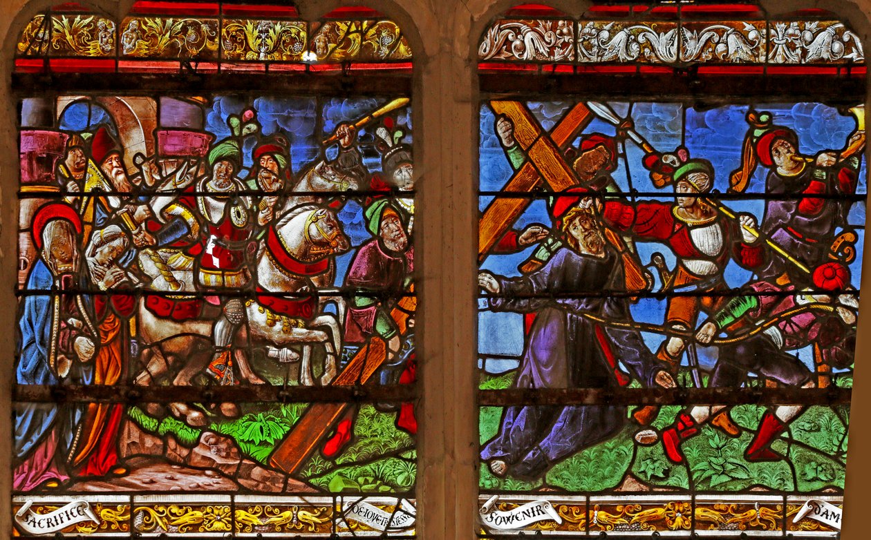 Okno przedstawiające Via Crucis autorstwa French School