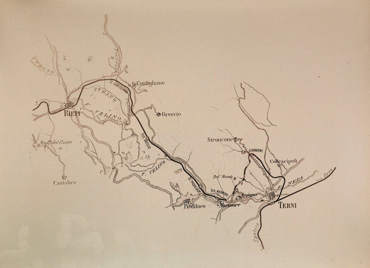 Societa Italiana dla południowych torów kolejowych: mapa linii kolejowej Terni-Rieti, 1883 r. autorstwa Italian School