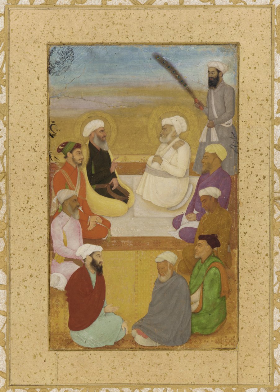 Dara Shikoh z Mian Mir i Mulla Shah, oderwane folio albumu z obrazem, ok. 1640 (nieprzezroczysta akwarela, tusz i złoto na papierze, oprawione na tekturze) autorstwa Mughal School