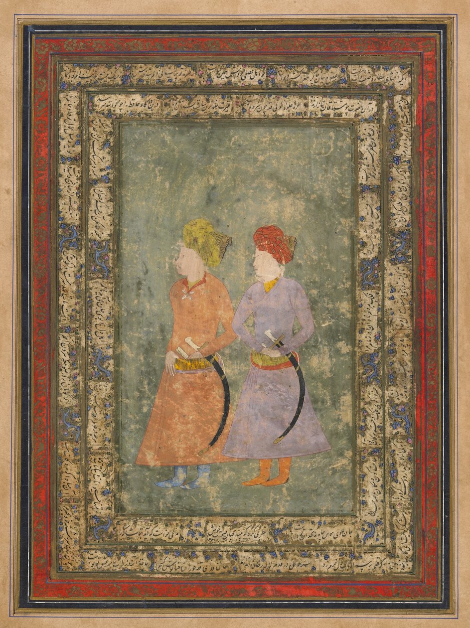 Dwóch perskich szlachciców, oderwane folio albumu z obrazem, połowa XVII w. (nieprzezroczysta akwarela, tusz i złoto na papierze) autorstwa Mughal School
