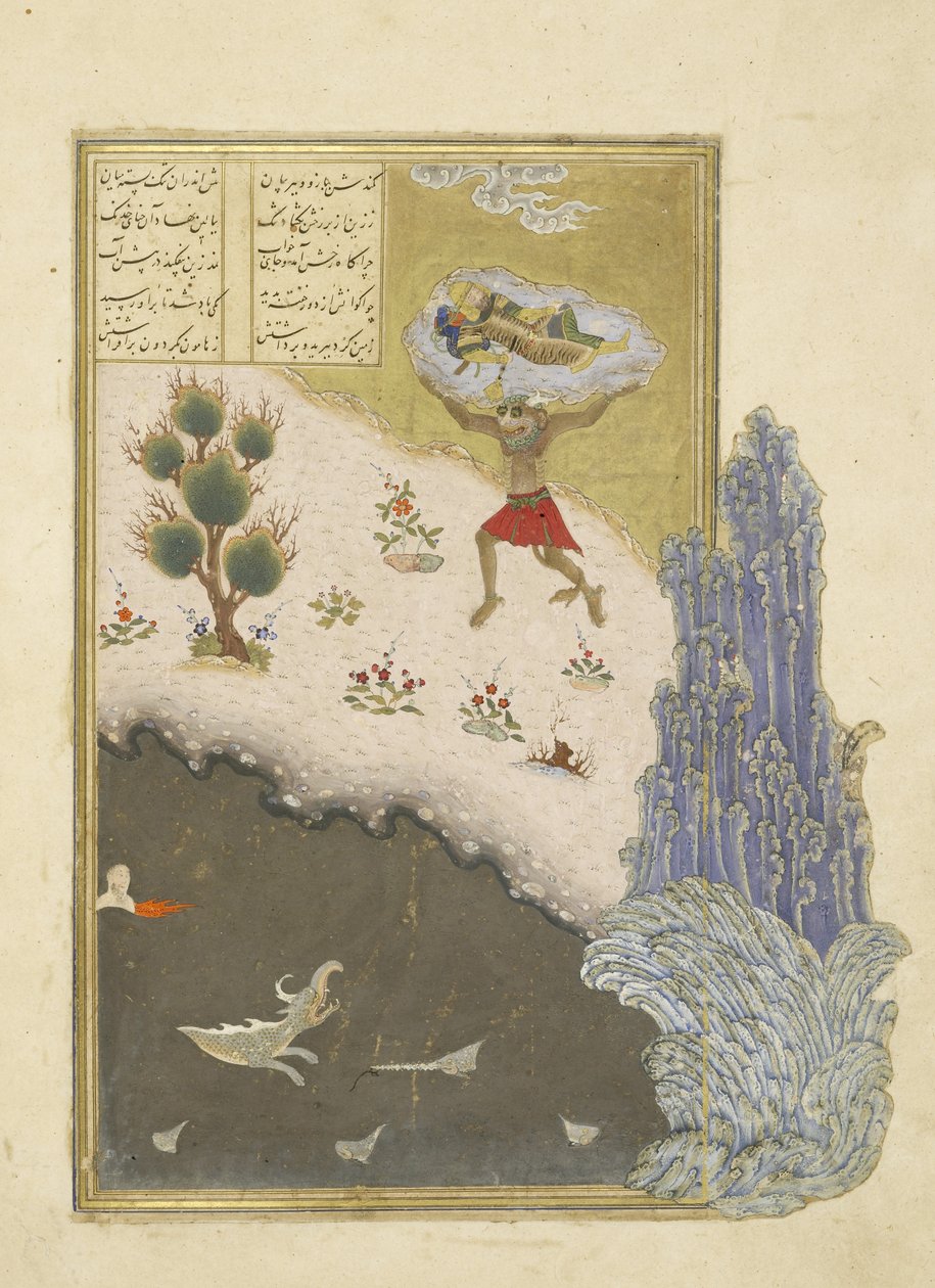 Perski 239 fol.165b Wiwat Akvan podnosi śpiącego Rustama, ilustracja z Szahnamy (Księgi Królów), autor Abul-Qasim Mansur Firdawsi (ok.934-ok.1020), 1444 autorstwa Persian School