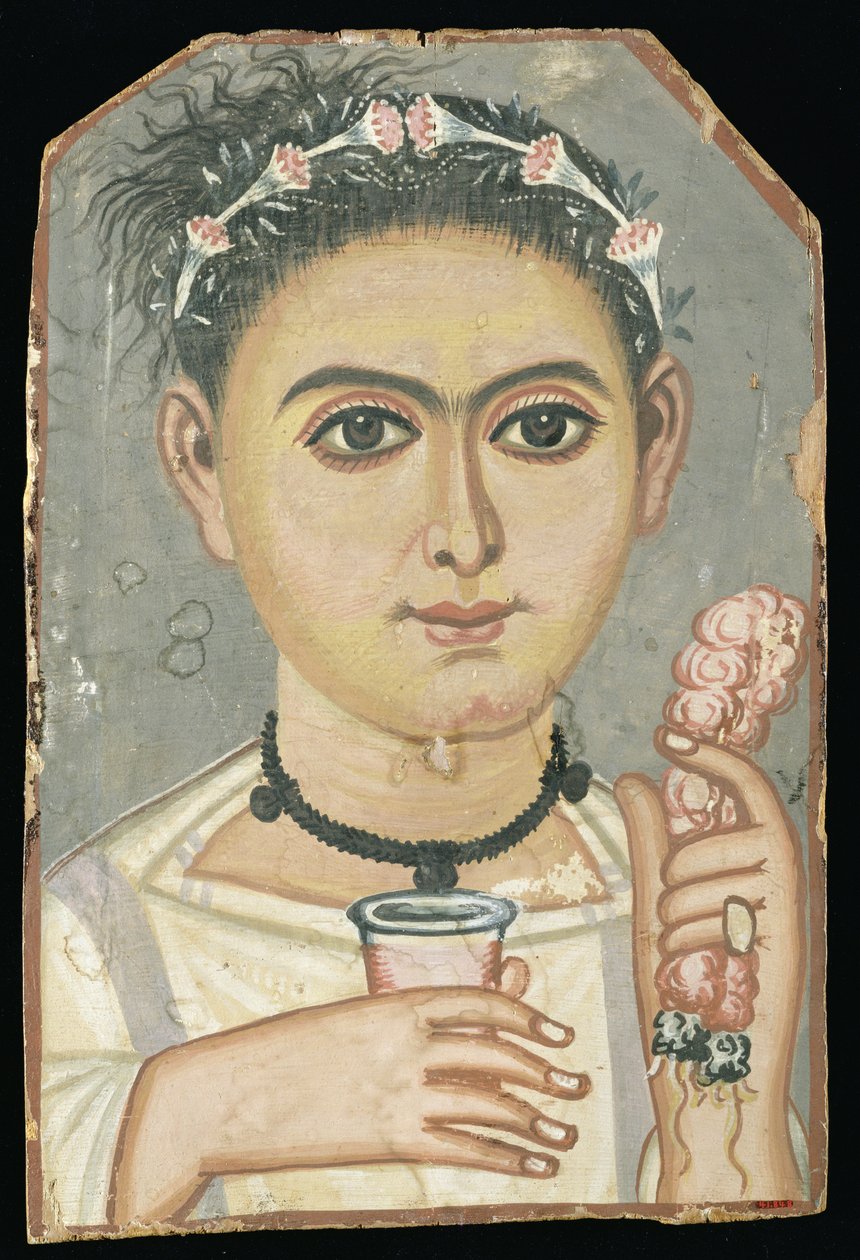 Portret młodzieńca: chłopiec z kwietną girlandą we włosach, prawdopodobnie z Er-Rubijat, Fajum, Egipt, ok. 200-230 (tempera na drewnie) autorstwa Roman