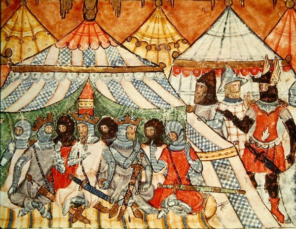 Fol.115r Kalchas przekonujący Greków, by nie maszerowali na Troję, z Kodeksu Benito Santa Mora autorstwa Spanish School