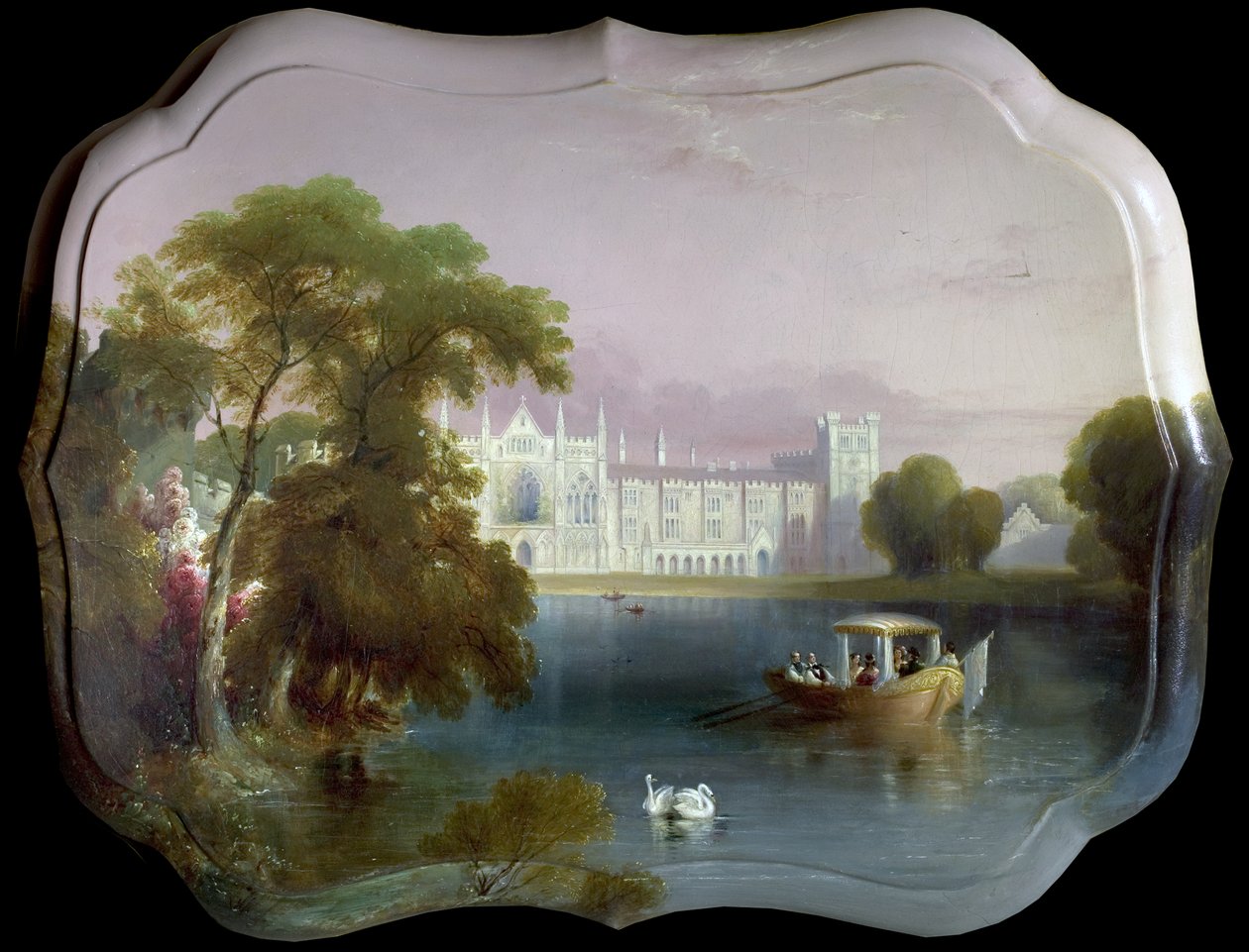 West View of Newstead Abbey, Nottinghamshire, w tym impreza wodniacka na Upper Lake (olej na papier-mache) autorstwa Unknown