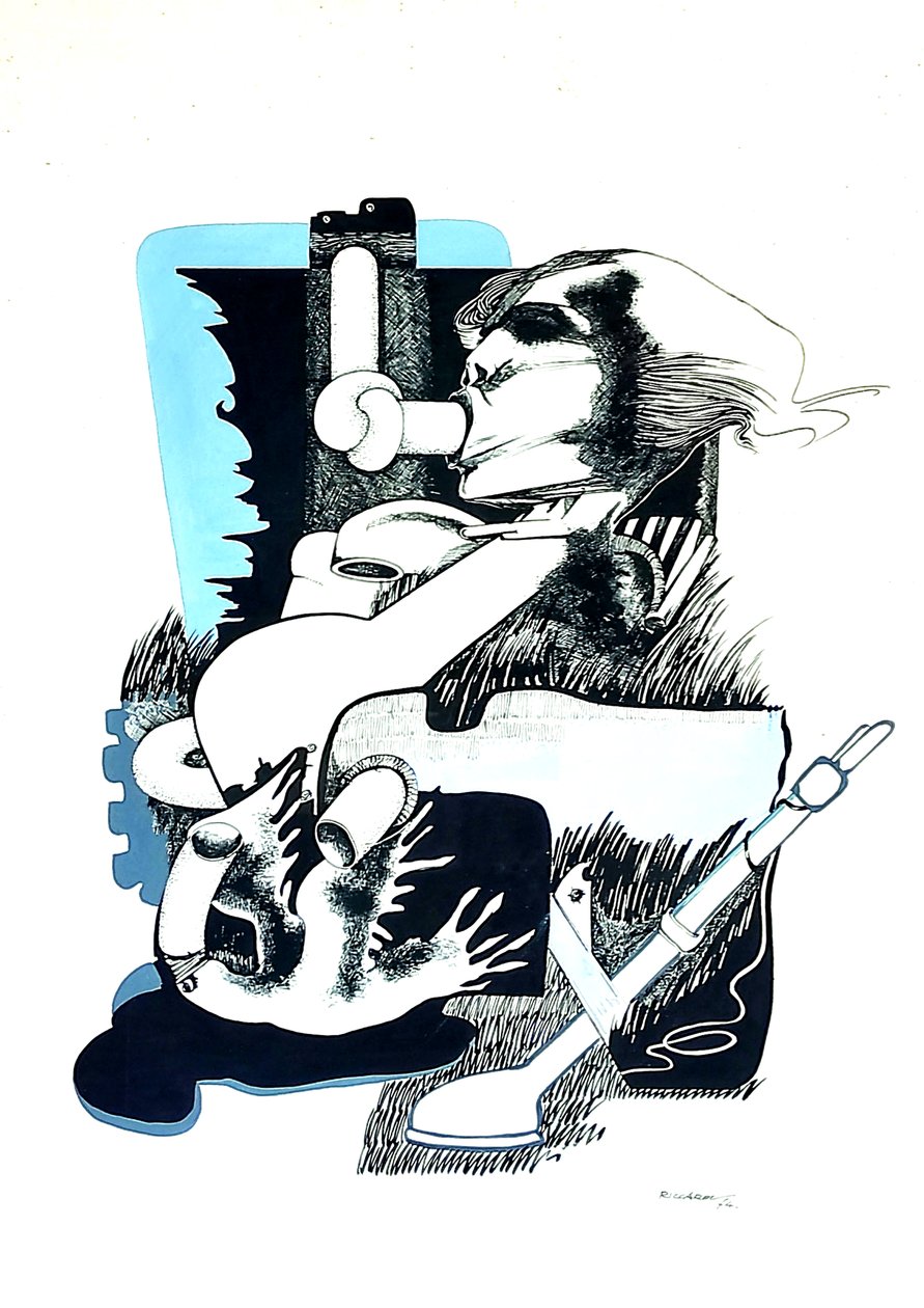 G. C. Riccardi, Proposta e Stop, 1974, Tinte auf Papier, 40x70, Italien. autorstwa Gian Carlo Riccardi
