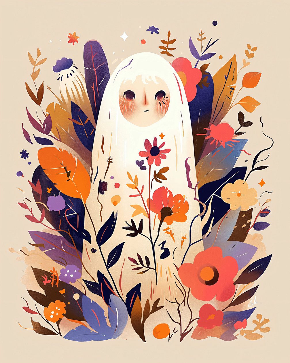 Boho grafika ścienna wydruki : Cute Vintage Floral Ghost With Flowers do dekoracji wnętrz autorstwa F. Abderrahim