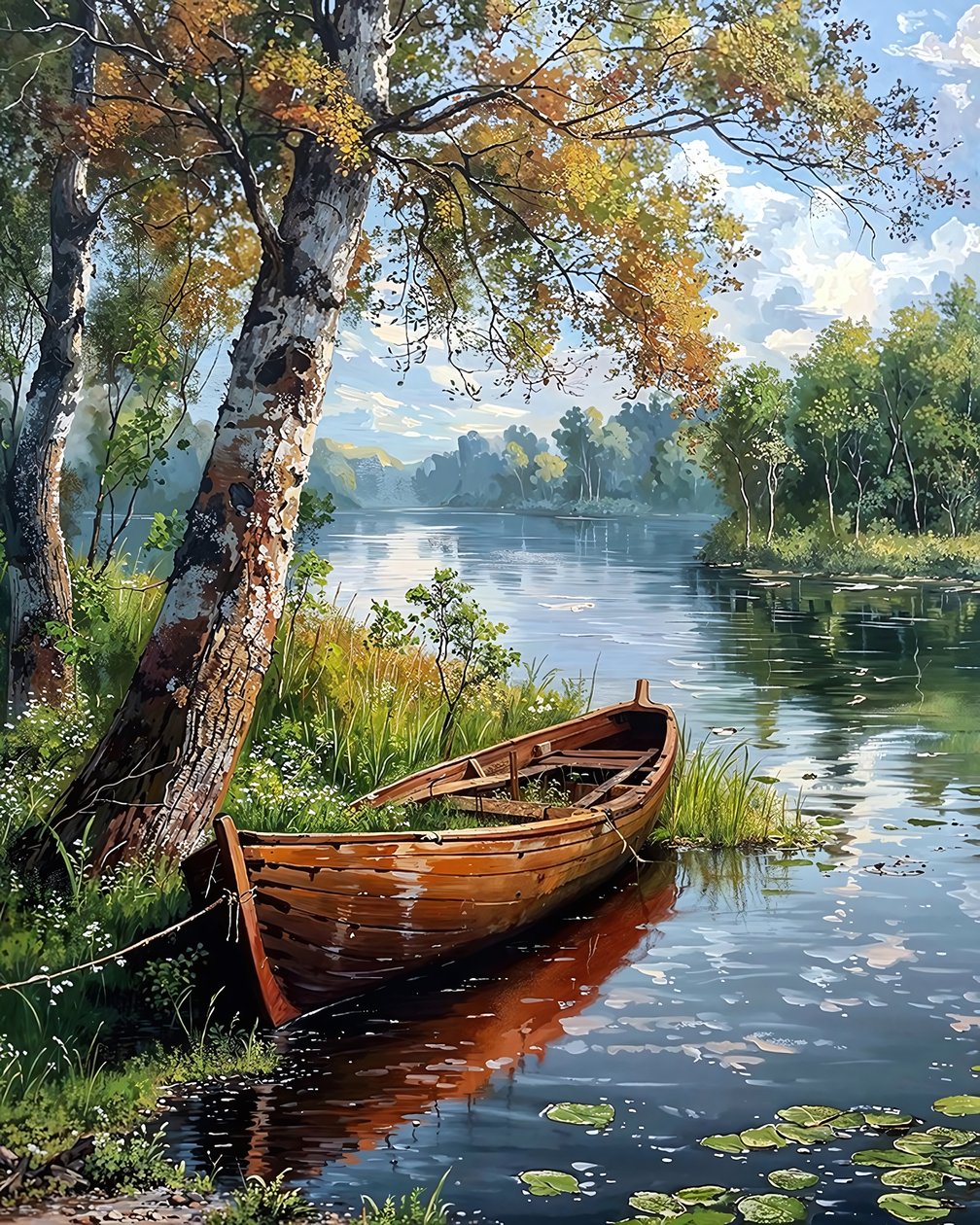 Felucca na spokojnym, wysadzanym drzewami jeziorze, dekoracja ścienna do sypialni autorstwa F. Abderrahim
