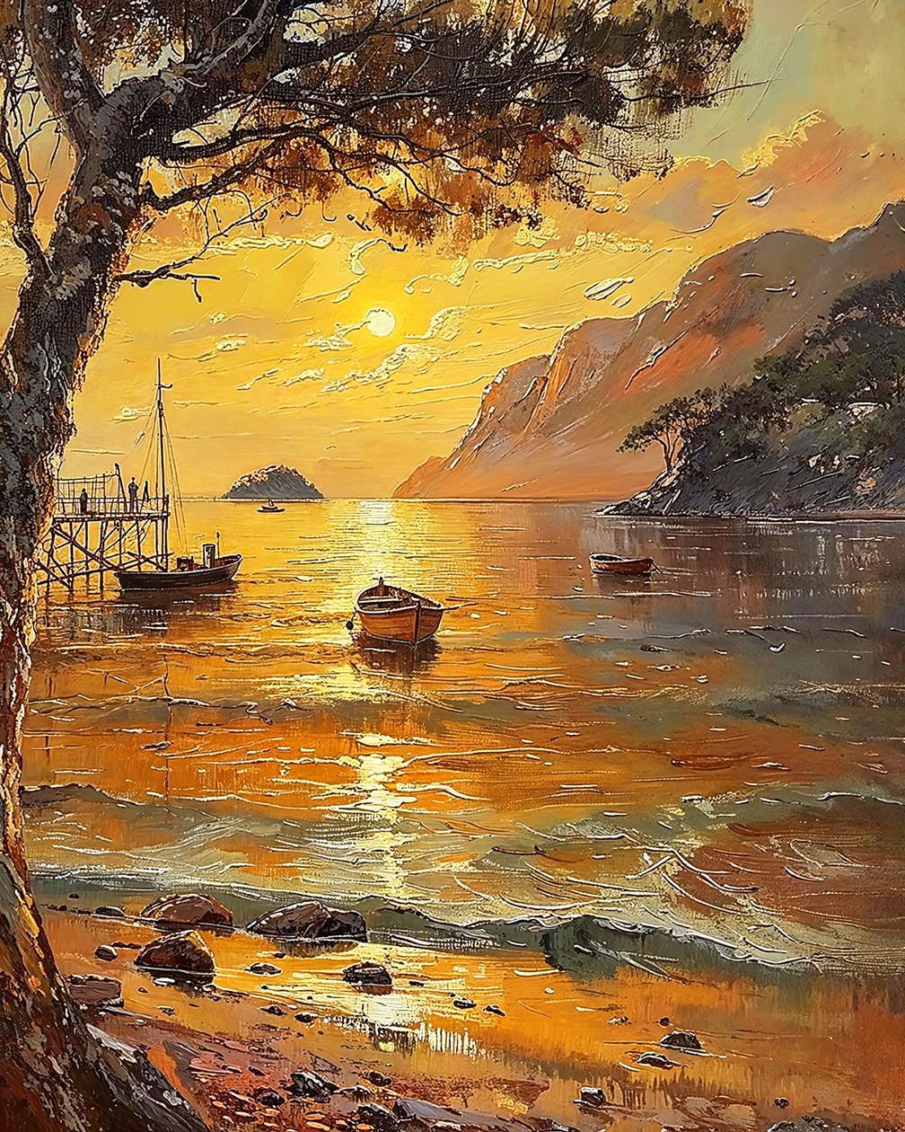 Plaża i łodzie, zachód słońca wieczorem, Dekoracje ścienne na sprzedaż autorstwa F. Abderrahim