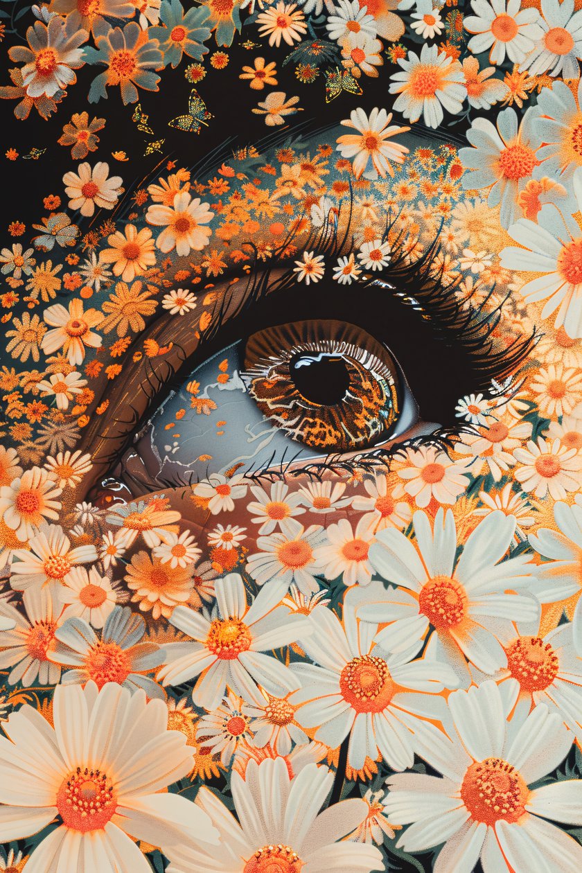 Zielone oczy z bliska, złoty liść Robotic Olympus Mons flower power autorstwa F. Abderrahim