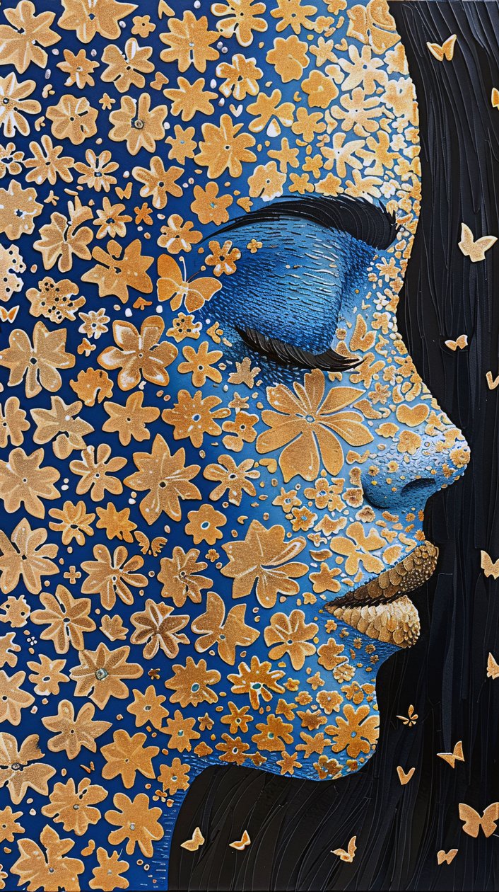 Twarz kobiety, złota folia Robotic Rangoli flower power, pomysły na dekoracje ścienne autorstwa F. Abderrahim