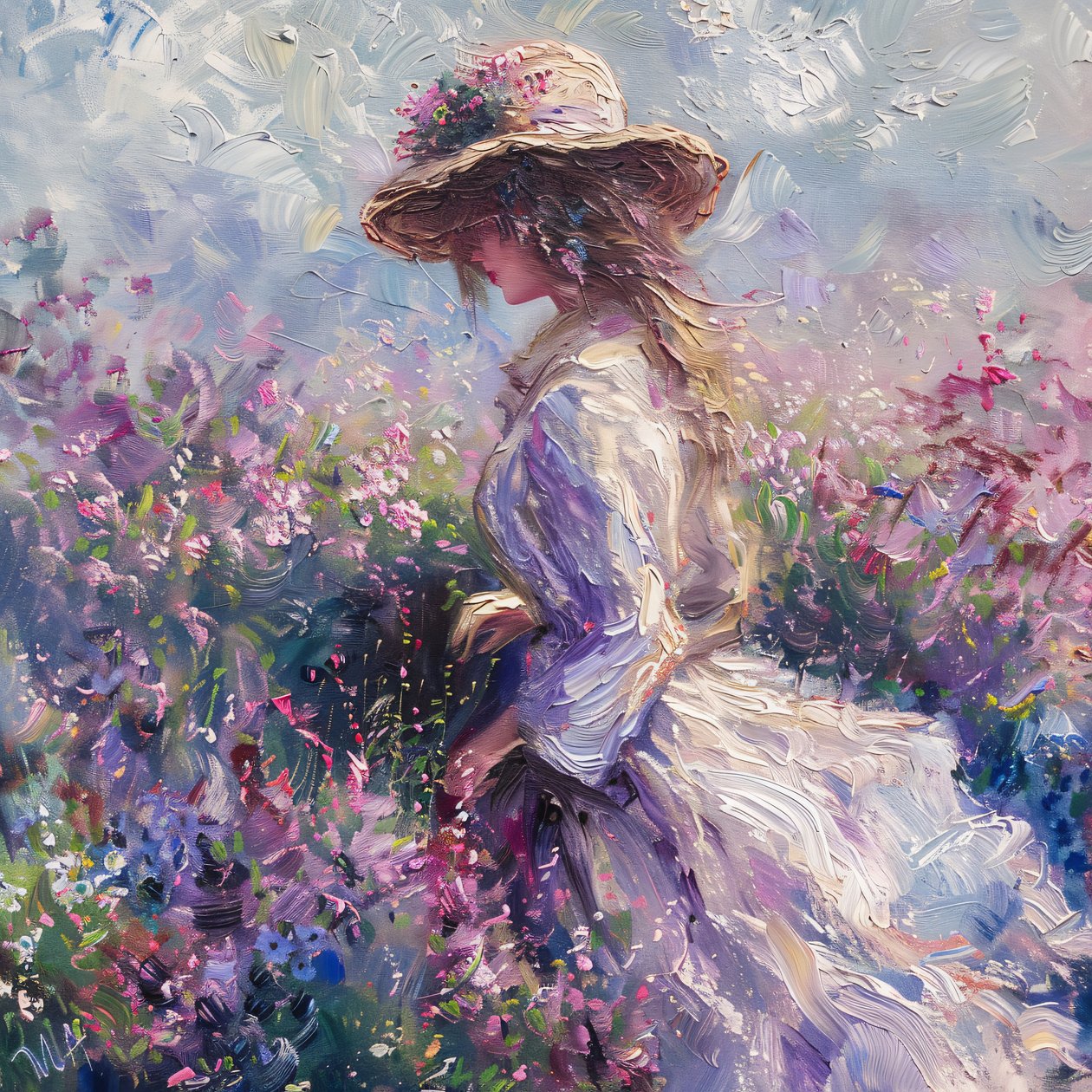 Dama w sukience na łonie natury, Podnoszący na duchu zapach życia, Monet Style, grafiki online autorstwa F. Abderrahim