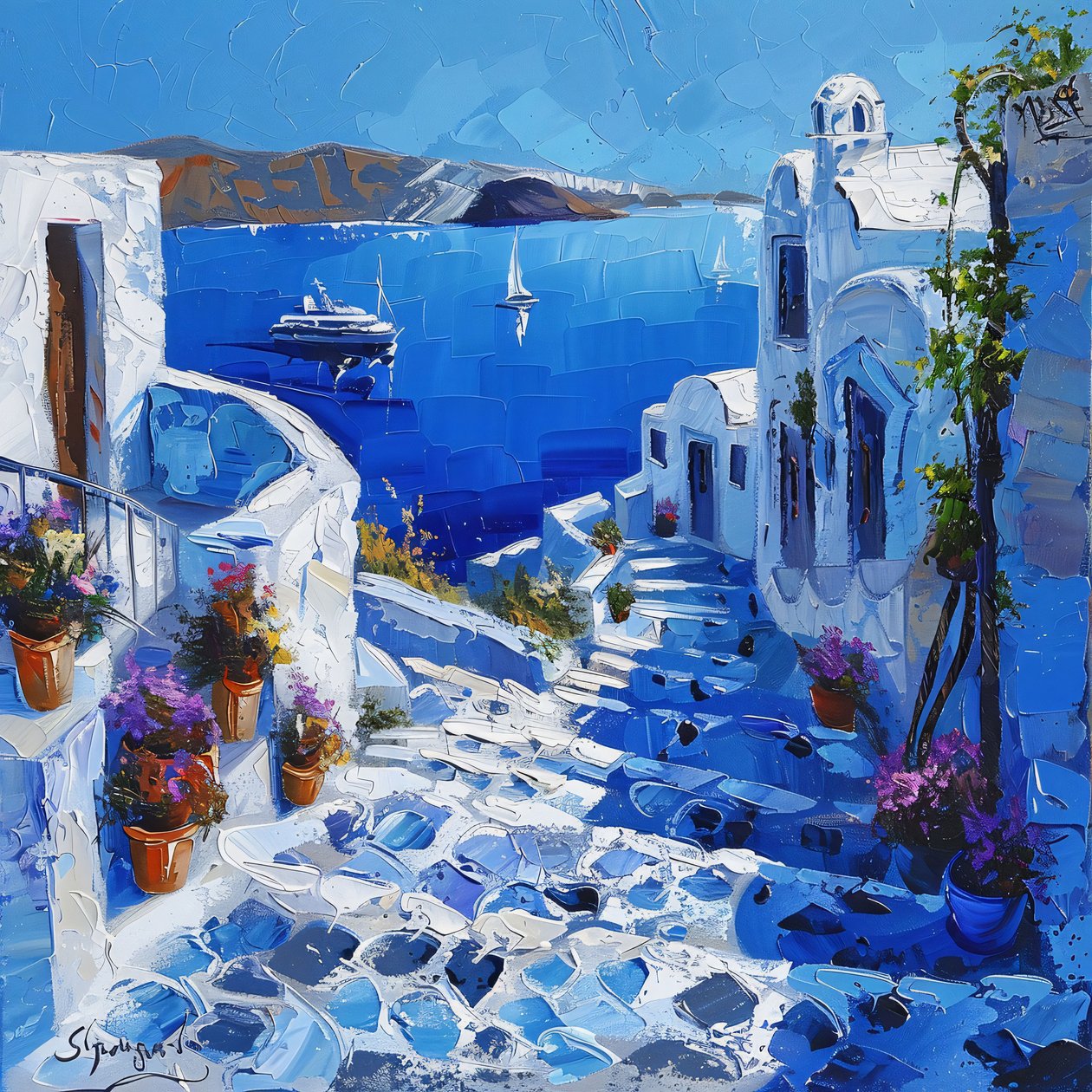 Santorini z pięknymi latarniami ulicznymi, obrazy na płótnie i ramki do dekoracji ścian autorstwa F. Abderrahim