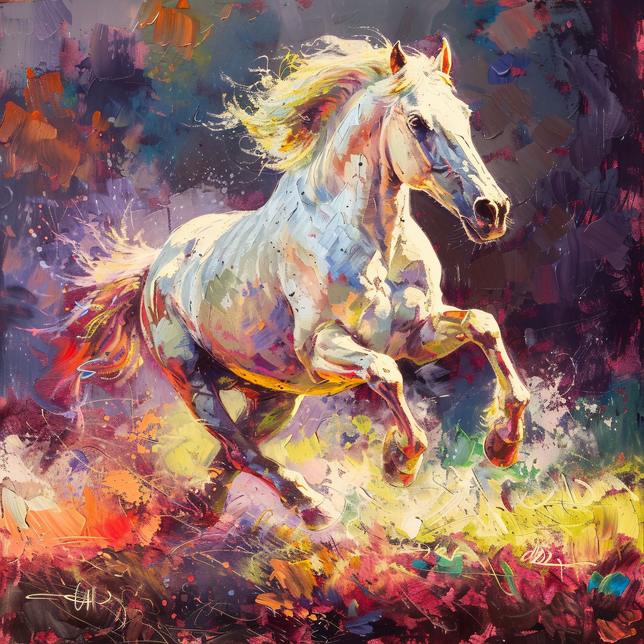 Vibrant Rendering of a White Stallion Galloping, grafika ścienna na zamówienie autorstwa F. Abderrahim