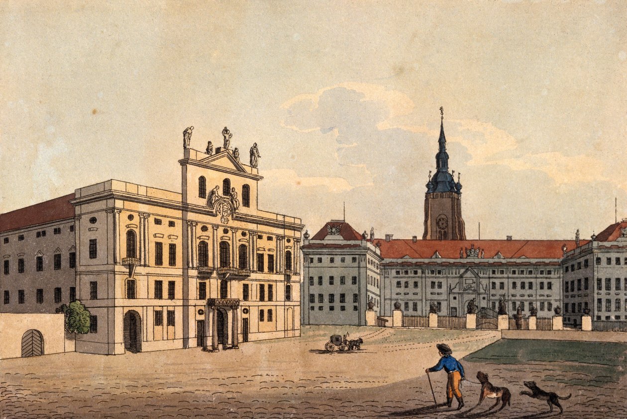 Pałac Arcybiskupów i I Dwór Zamku Praskiego, ok. 1810 (akwaforta barwna) autorstwa A. and Berka, Johann Gustav