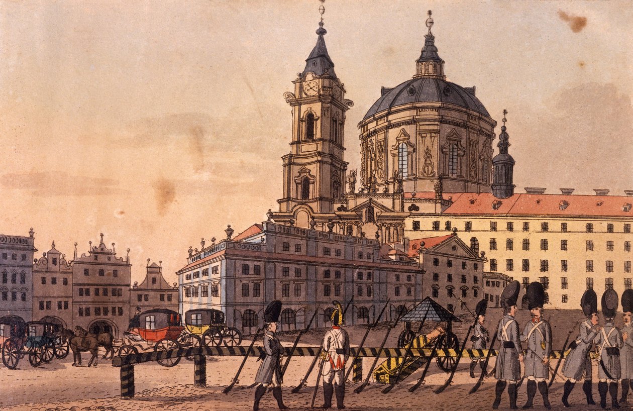Rynek Malostranski (dolna część), ok. 1810 (akwaforta barwna) autorstwa A. and Berka, Johann Gustav