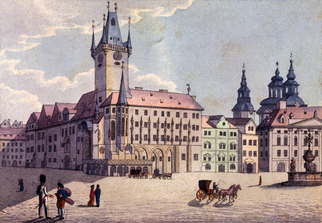 Rynek Staromiejski od strony ulicy Celetnej, Praga, ok. 1810 (akwaforta barwna) autorstwa A. and Berka, Johann Gustav