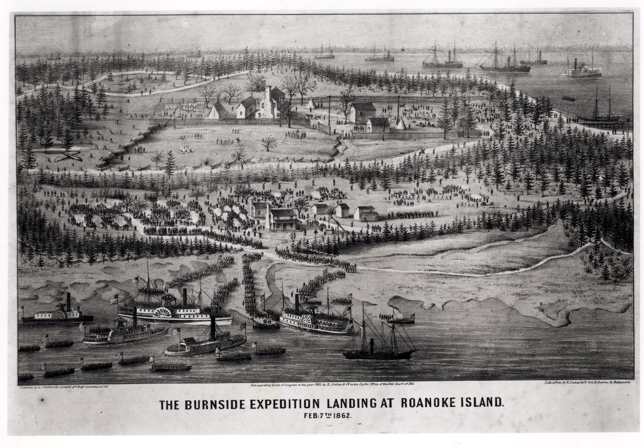 Lądowanie ekspedycji Burnside na wyspie Roanoke, 7 lutego 1862 r autorstwa A. J. Richards