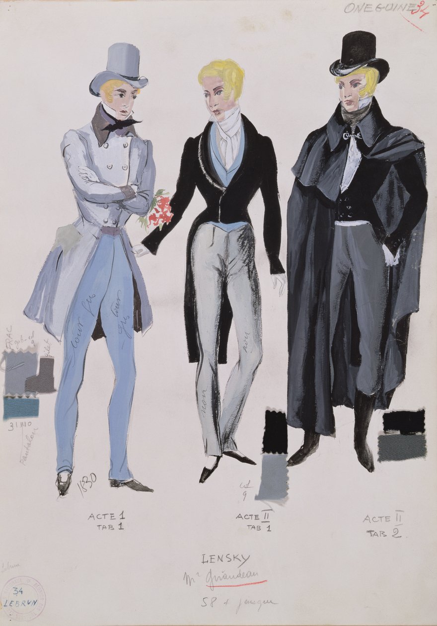 Lensky, kostiumy z aktów I, II i III opery „Eugeniusz Oniegin”, 1830 autorstwa A. Lebrun