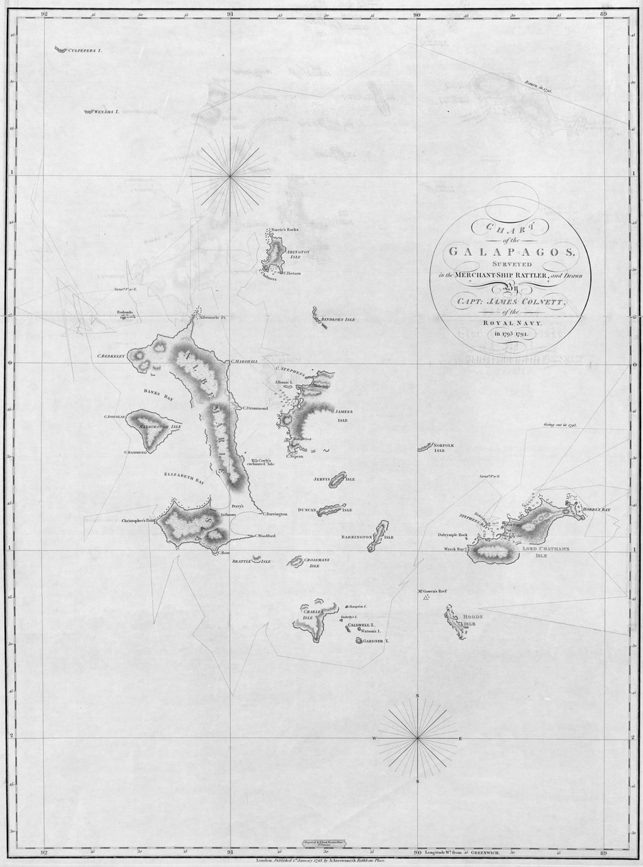Mapa Galapagos, zbadana przez statek handlowy Rattler autorstwa Aaron Arrowsmith