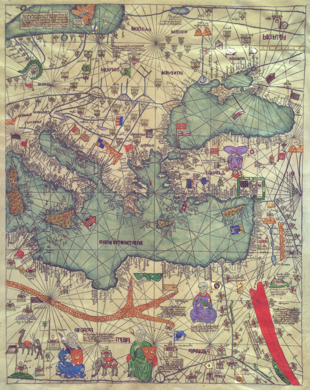 Mapa Europy Wschodniej, widok od południa. Atlas kataloński autorstwa Abraham Cresques