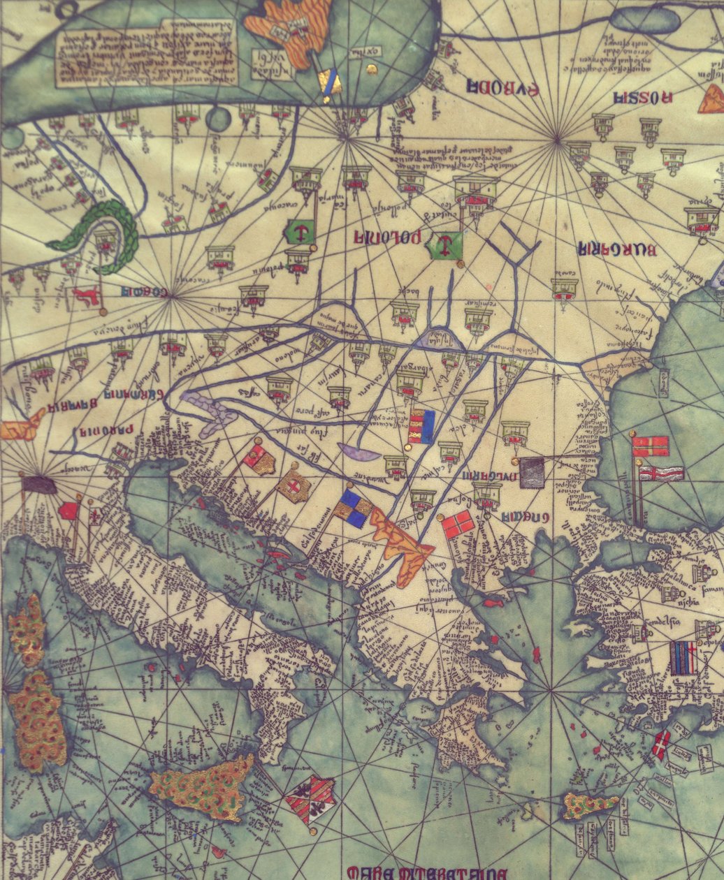 Mapa Europy Wschodniej, widok od południa. Atlas kataloński. autorstwa Abraham Cresques