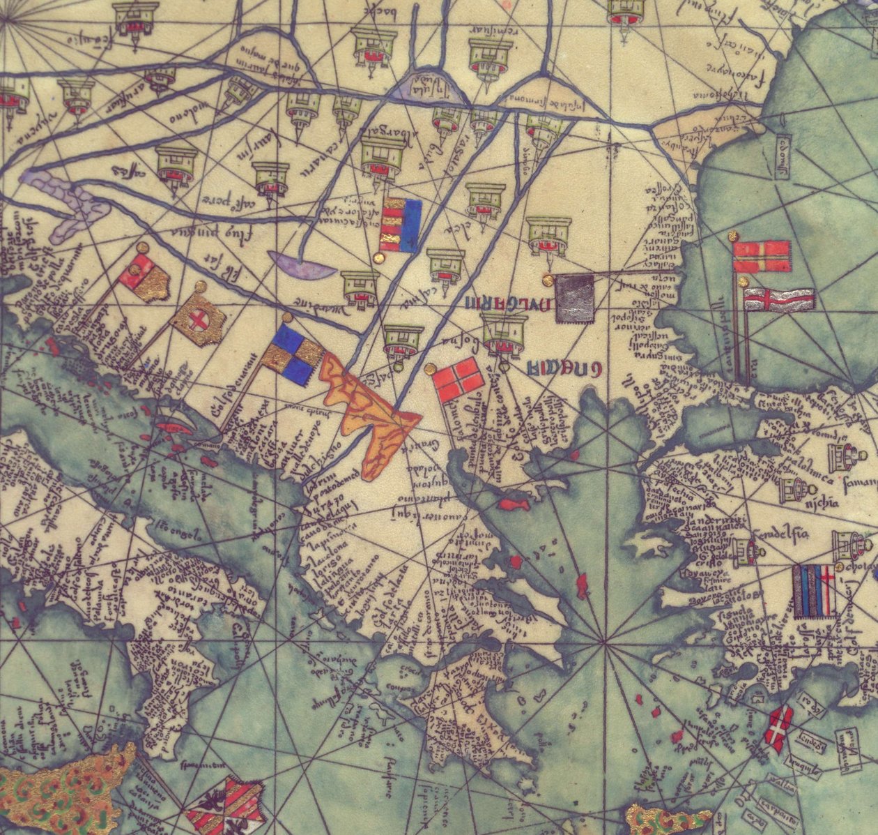 Mapa Europy Wschodniej, widok od południa. Atlas kataloński. autorstwa Abraham Cresques