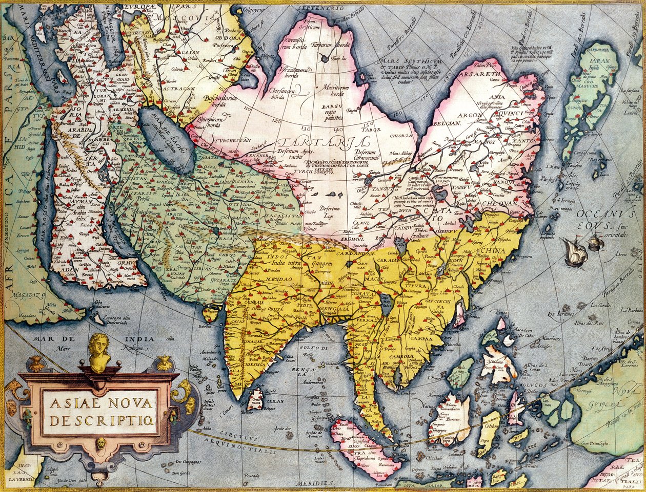 Azja: Mapa kontynentu obejmująca Japonię i Indie Wschodnie z częścią Nowej Gwinei, ok. 1580 autorstwa Abraham Ortelius