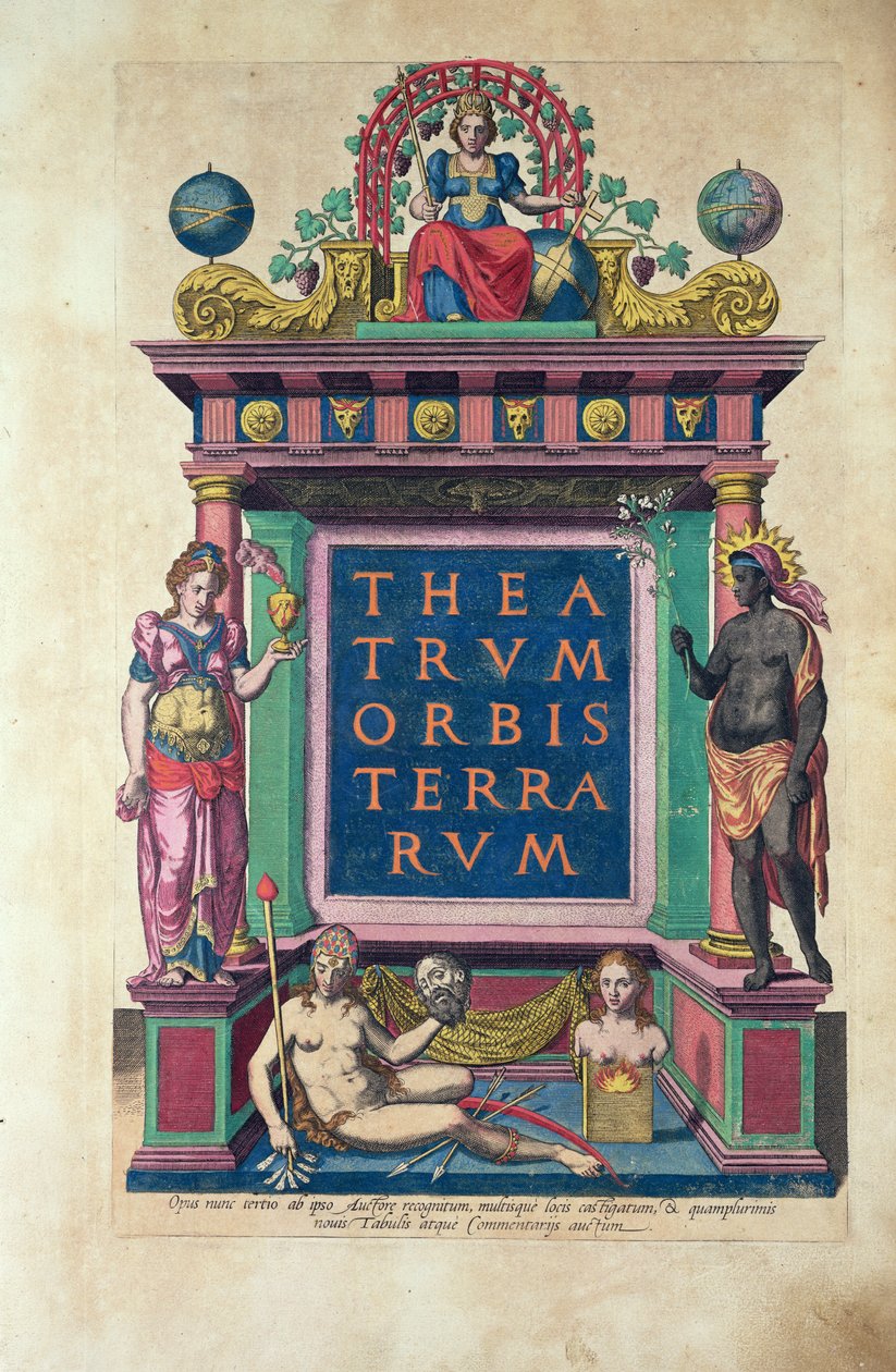 Strona tytułowa 3. wydania „Theatrum Orbis Terrarum” wydanego w Antwerpii przez Christophorusa Plantina w 1584 r. autorstwa Abraham Ortelius