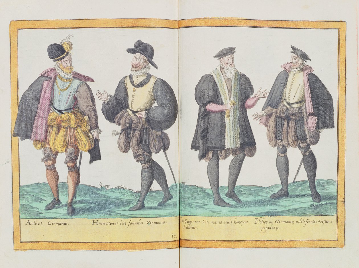 Stroje z XVI wieku z „Omnium Poene Gentium Imagines”, wydanego w Kolonii, 1577 (rycina ręcznie kolorowana) autorstwa Abraham de Bruyn