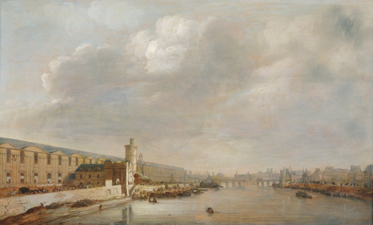 Louvre Grande Galerie, widok na Paryż z mostu Barbier (w górę rzeki), ok. 1640 (olej na drewnie) autorstwa Abraham de Verwer