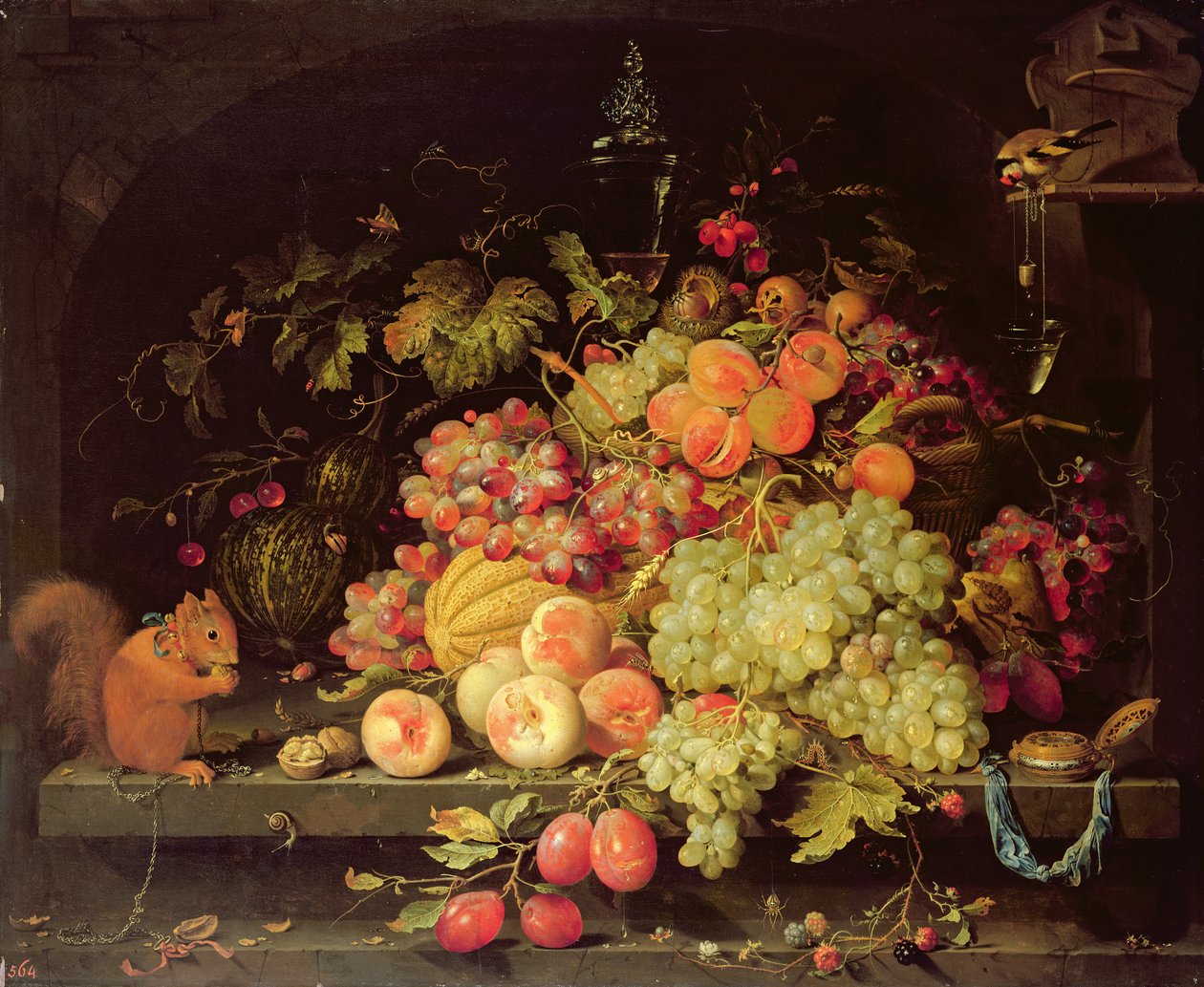 Martwa natura z owocami, wiewiórką i szczygieł autorstwa Abraham Mignon