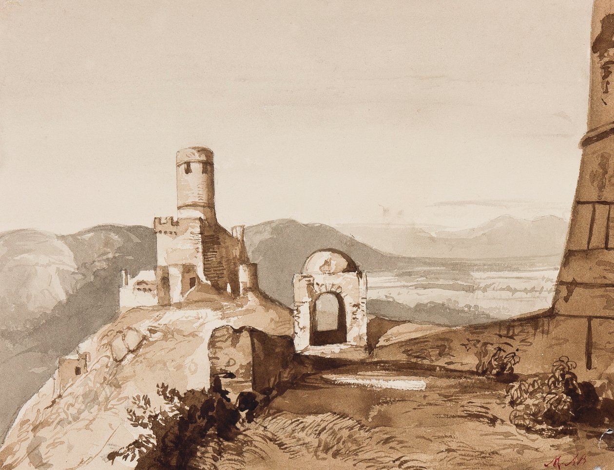 Wieża i mury miejskie, prawdopodobnie nad Sorrento, z dodatkami księżnej Marii Annunziata di Borbone (1843-1871) (ołówek i podkłady w sepii) autorstwa Achille Vianelli