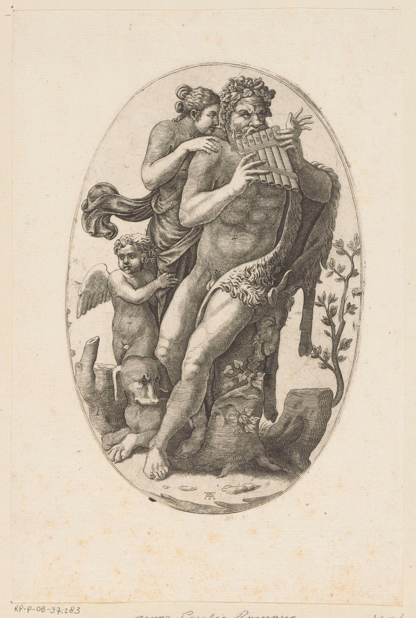 Satyr z fletem patelni i nimfą autorstwa Adamo Scultori