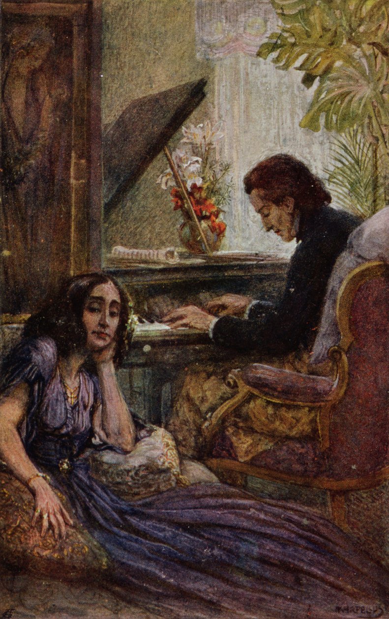 Pocztówka przedstawiająca George Sand (1804-76) słuchającą gry na fortepianie Fryderyka Chopina (1810-1849), 1917 r. autorstwa Adolf Karpellus