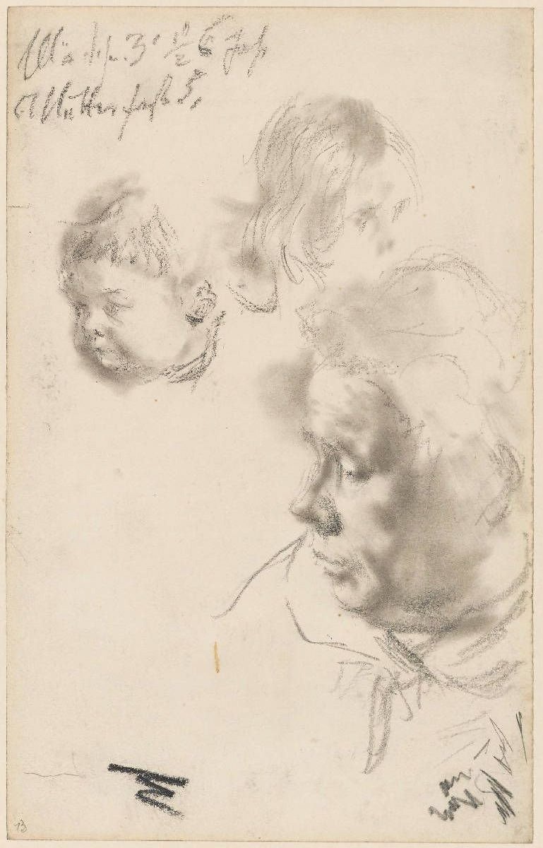 Głowa kobiety i głowy dwojga dzieci autorstwa Adolph Menzel