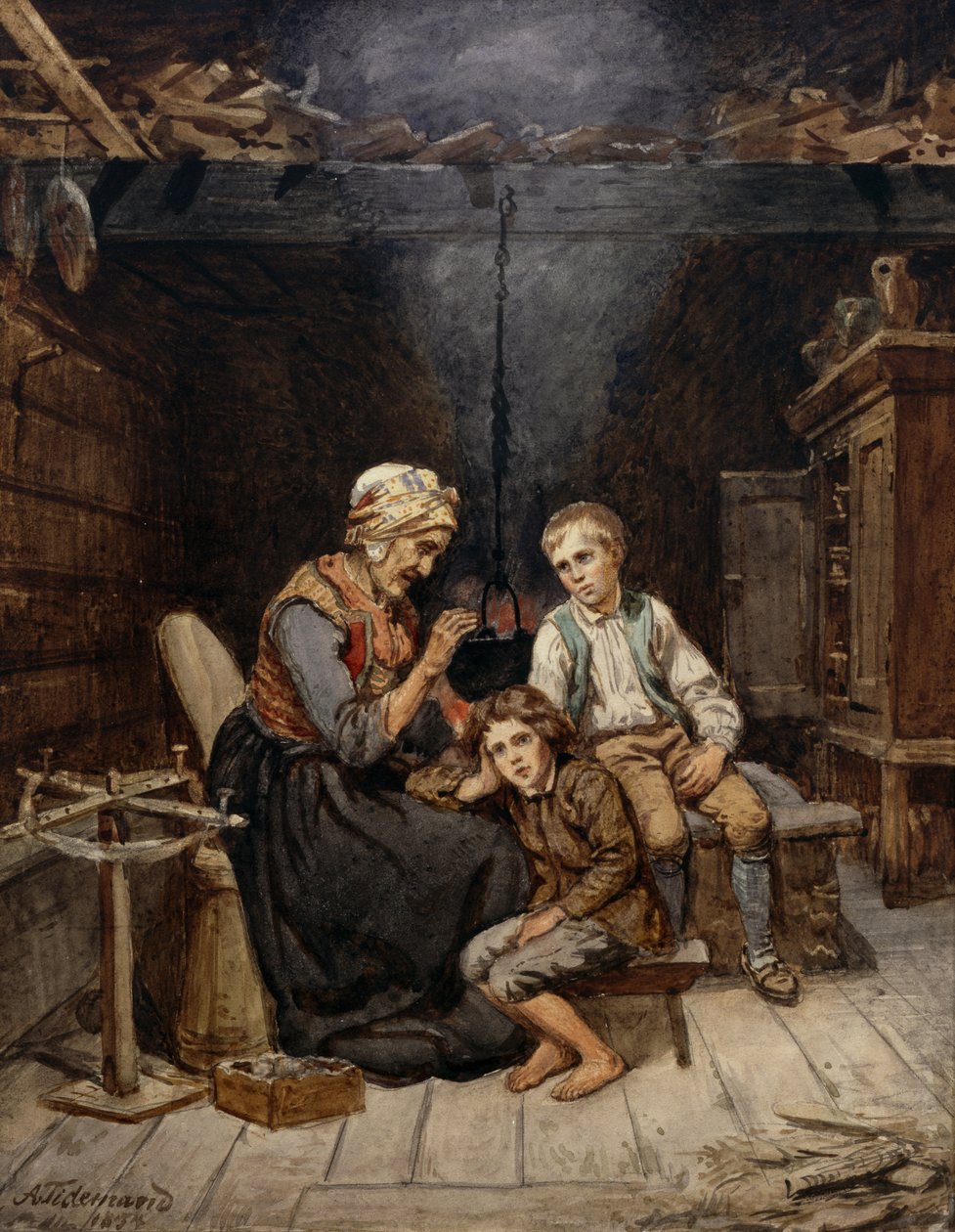 Babcia opowiada bajkę autorstwa Adolph Tidemand