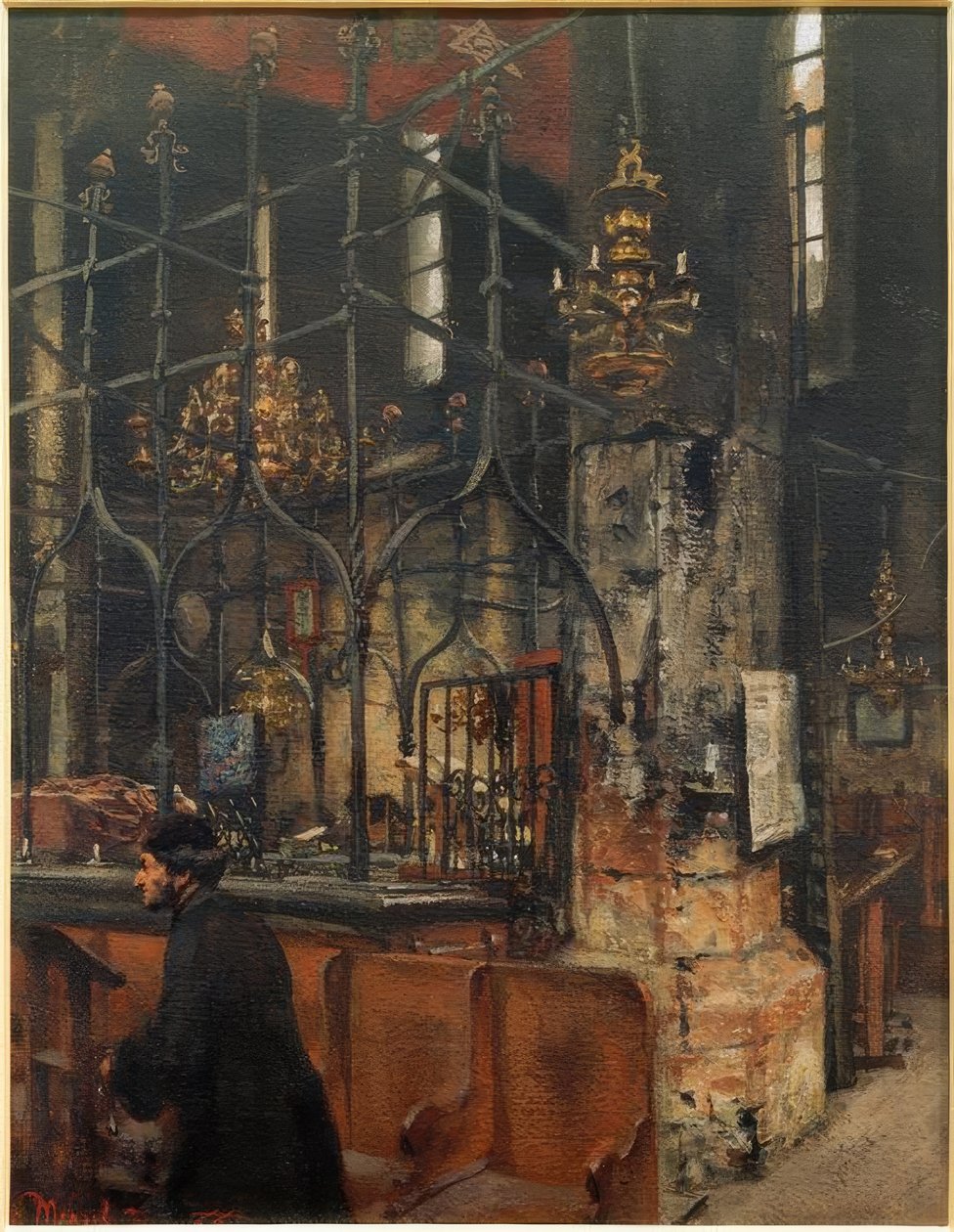 Wnętrze Staro-Nowej Synagogi w Pradze autorstwa Adolph Menzel