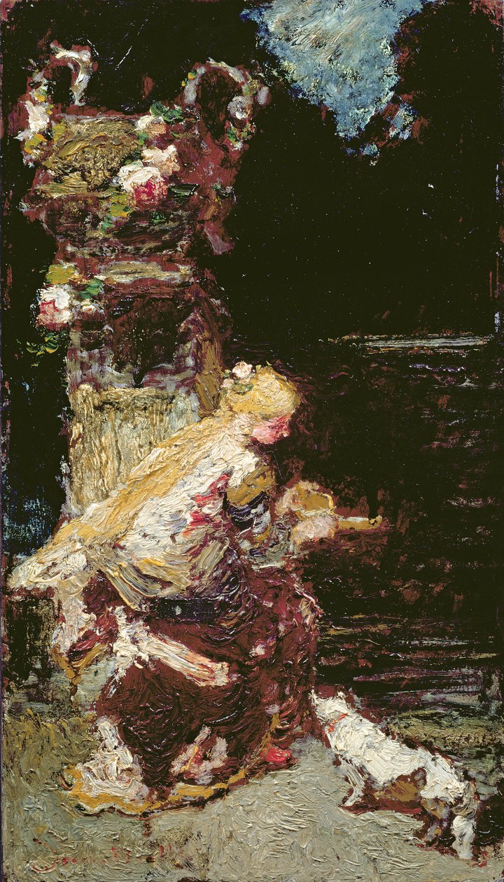 Młoda dziewczyna z kotem autorstwa Adolphe Joseph Thomas Monticelli