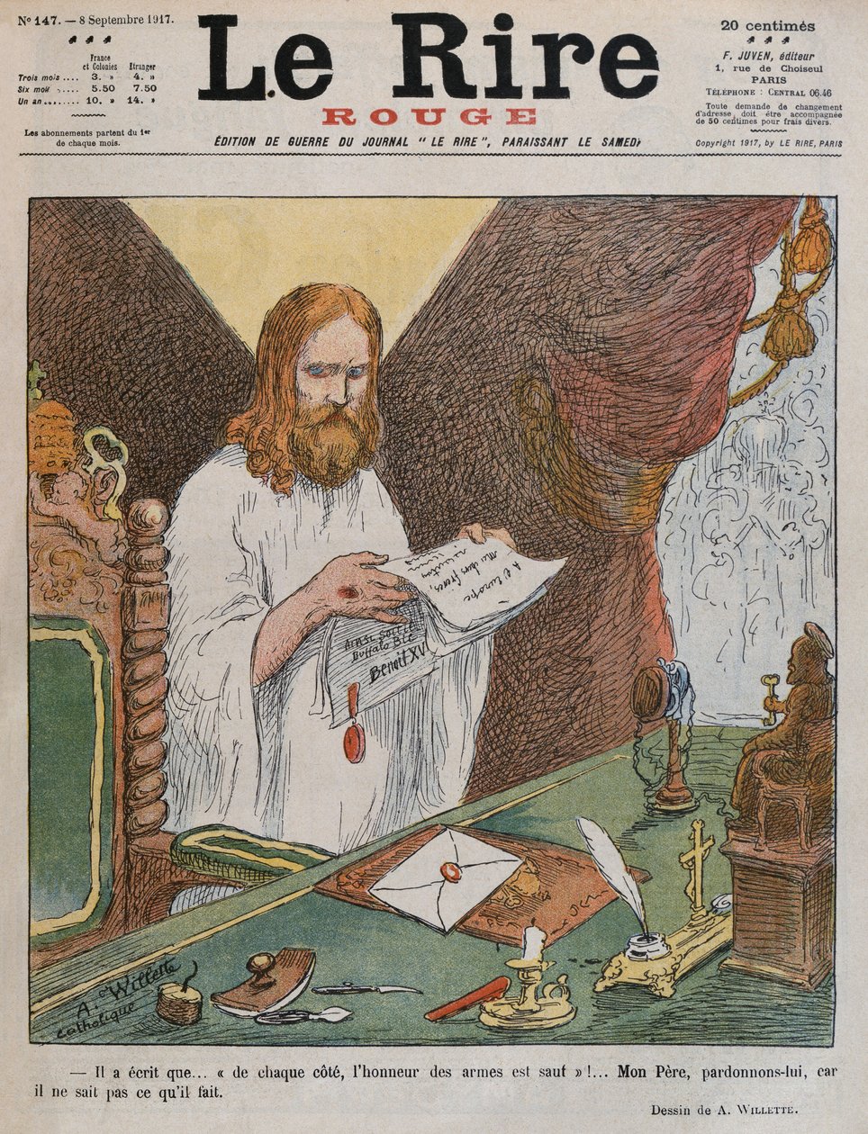 Jezus Chrystus czytający plan pokojowy wydany przez papieża Benedykta XV, ilustracja na okładce z „Le Rire Rouge”, 8 września 1917 autorstwa Adolphe Leon Willette