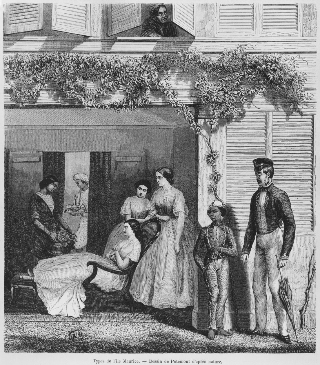 Europejczycy i mieszkańcy Mauritiusa, c.1857 (rycina bw) autorstwa Adolphe Martial Potemont