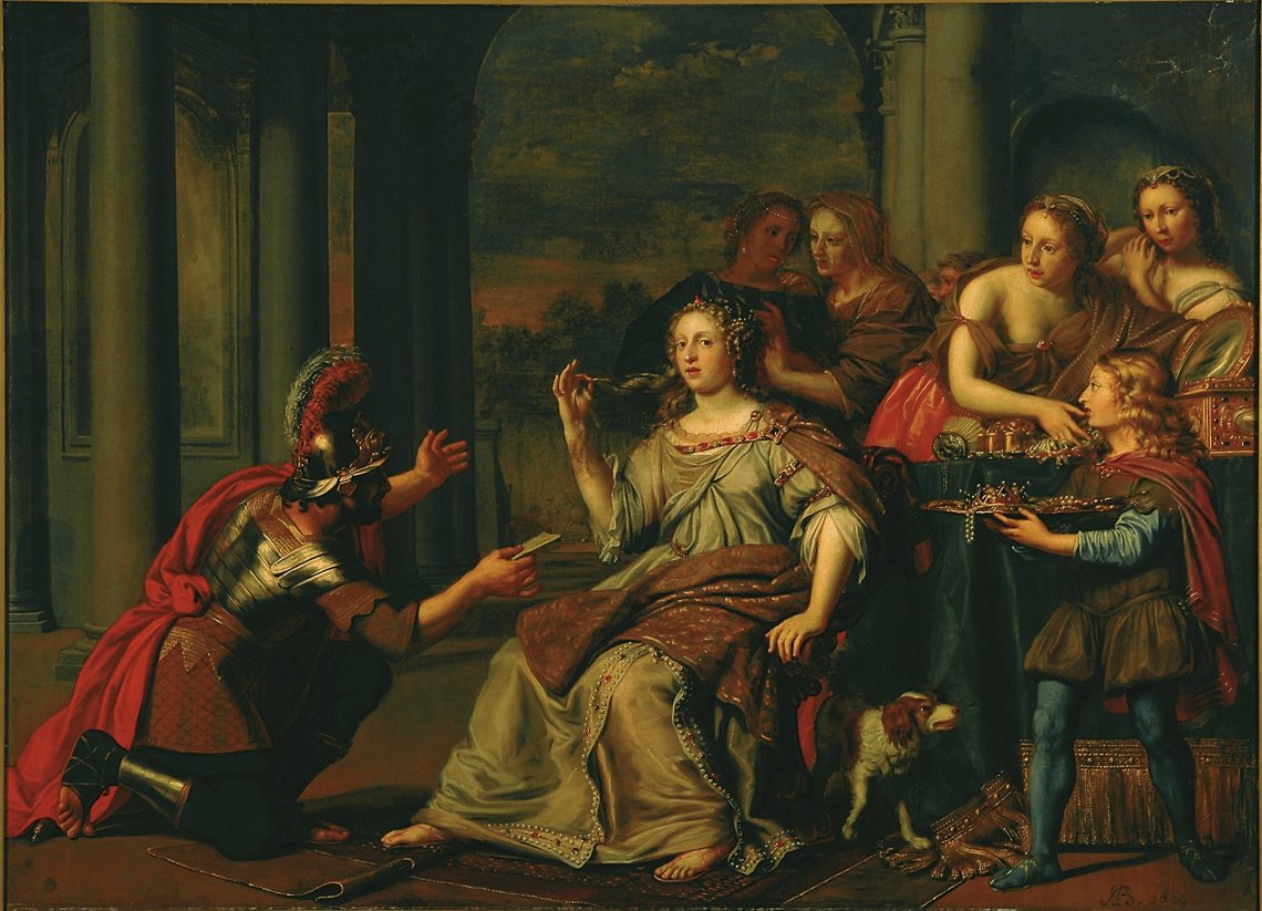  Semiramis otrzymuje wieści o powstaniu w Babilonie. autorstwa Adriaen Backer