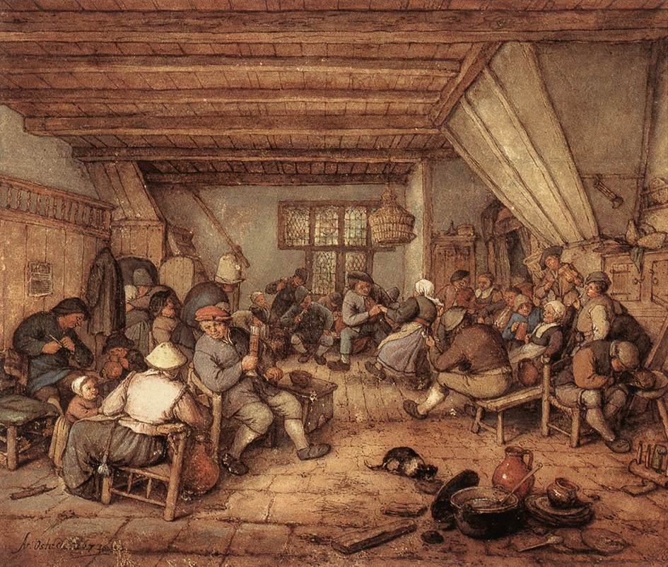 Rolnicy tańczą, piją i muzykują w karczmie autorstwa Adriaen Jansz. van Ostade